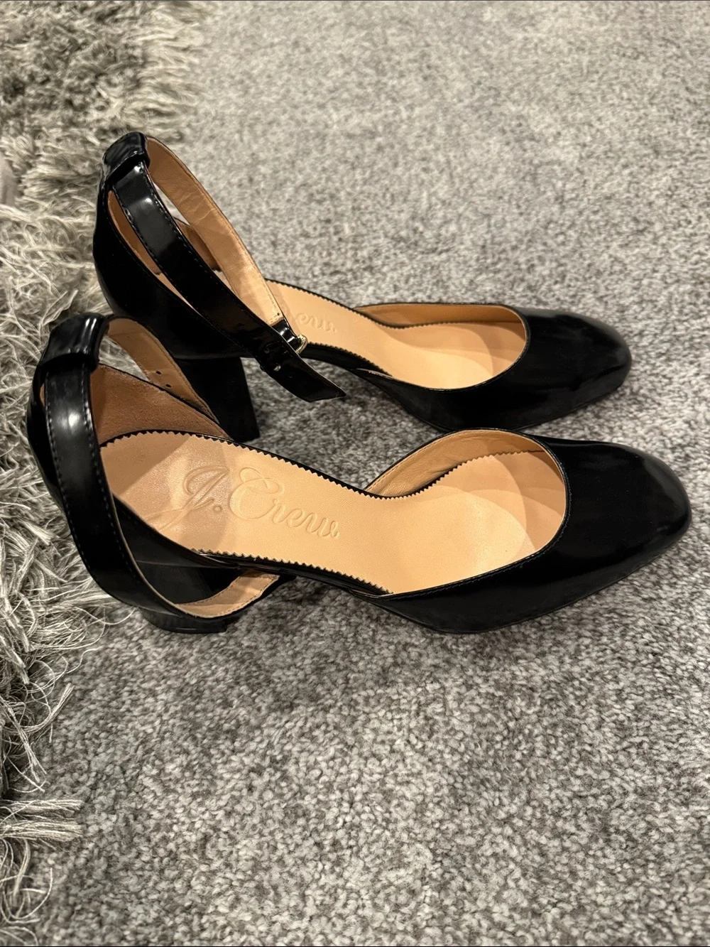 J crew Black Patent Ankle-Strap Block Heel Pumps